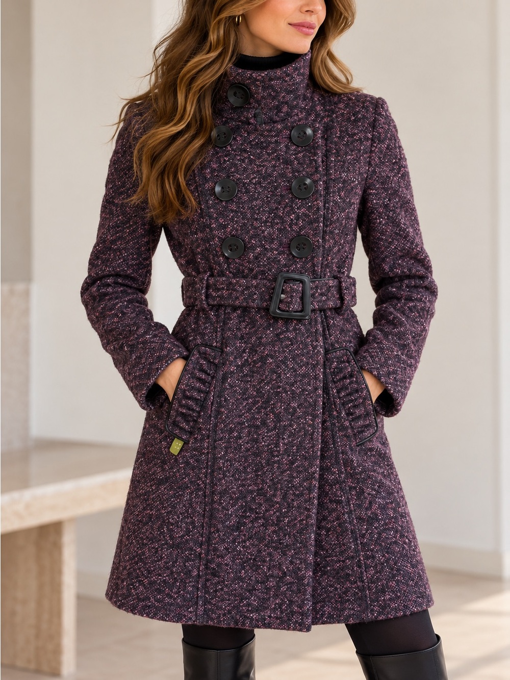 Soia & Kyo Wool Blend Tweed Coat Purple  Belted Funnel Neck Double Breasted M